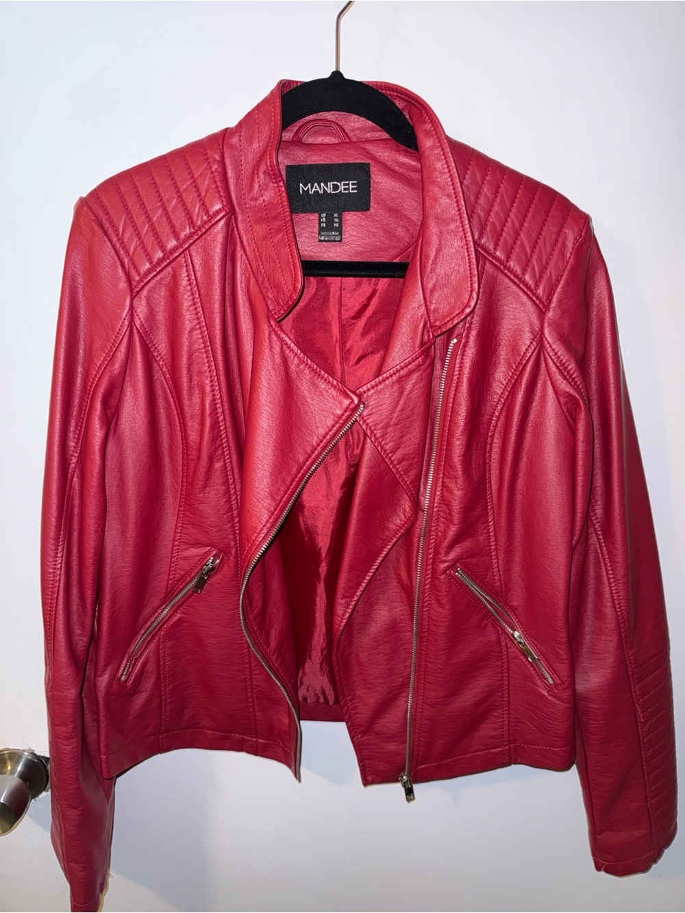Mandee Red Faux Leather Moto Jacket with Quilted Shoulders - Picture 2 of 4